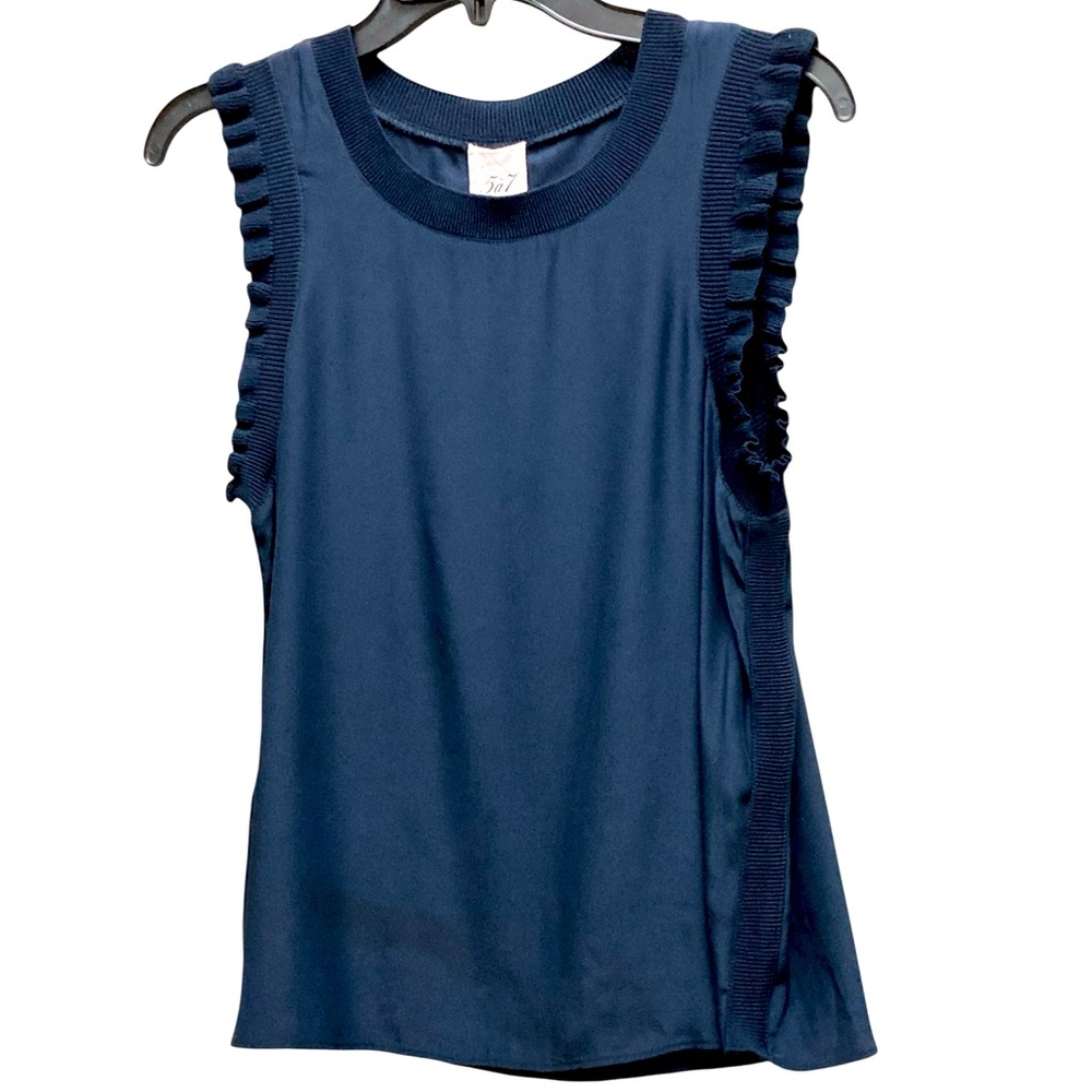 5 a 7 Cinq A Sept Lenore Sleeveless Blouse In Navy Silk With Ruffle Trim S4 New